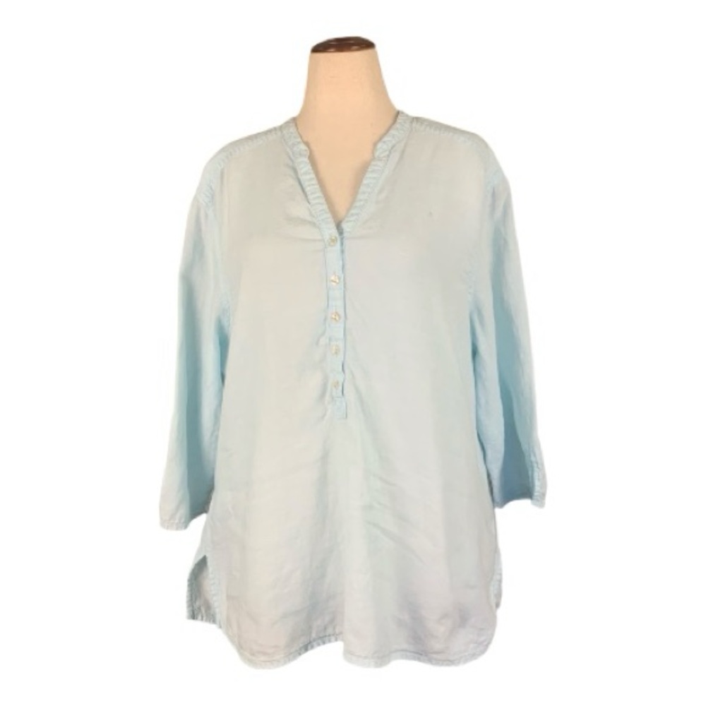 Eddie Bauer Light Blue Partial Button 100% Linen Tunic Top Lightweight‎ Size XXL